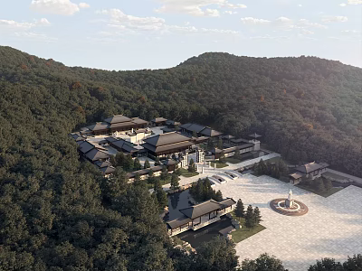 Traditional Ancient Architecture Complex in Lush Mountain Forest With Courtyard And Open Plaza 3d model