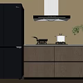Modern Kitchen Appliances With Black Refrigerator Range Hood And Wooden Cabinets