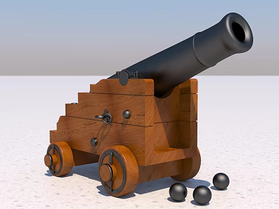 Vintage Wooden Cannon With Black Barrel Wooden Carriage Wheels And Iron Cannonballs Nearby 3d model