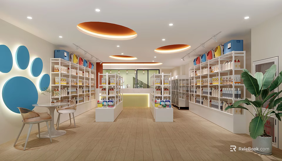 Modern Retail Store Interior With Well Arranged Shelves Various Products Front Counter And Seating Chairs 3d model 