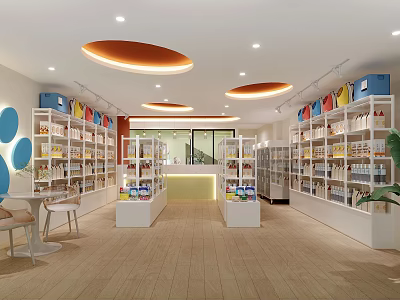 Modern Retail Store Interior With Well Arranged Shelves Various Products Front Counter And Seating Chairs 3d model