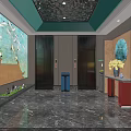 Modern Elevator Lobby Design With Crane Mural Marble Floor And Green Plants