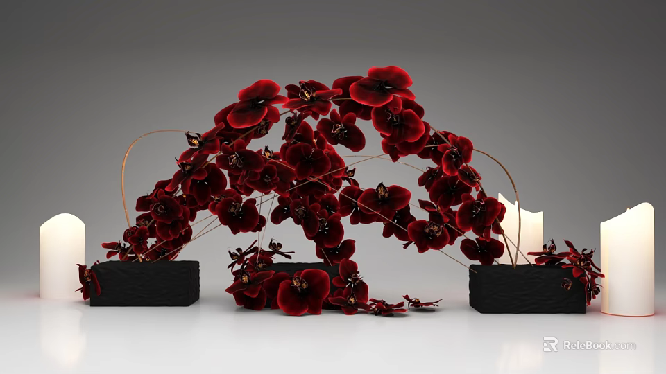 Elegant Red Orchid Arch Floral Display With Black Containers And Candles 3d model 