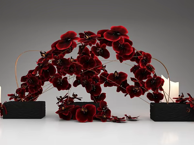Elegant Red Orchid Arch Floral Display With Black Containers And Candles 3d model