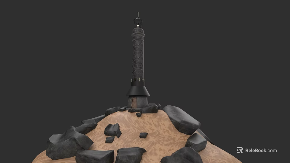 Tall Stone Lighthouse Structure With Surrounding Rocks On Sandy Ground 3d model 