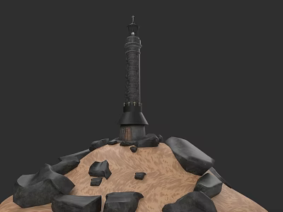 Tall Stone Lighthouse Structure With Surrounding Rocks On Sandy Ground 3d model