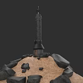 Tall Stone Lighthouse Structure With Surrounding Rocks On Sandy Ground