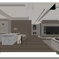 Modern Living and Dining Room Interior With Wooden White Sofa Marble Coffee Table Large Windows