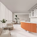 Modern Store Front Desk With Curved White Sleek Surface And Computer Flower Vase Circular Ceiling Design
