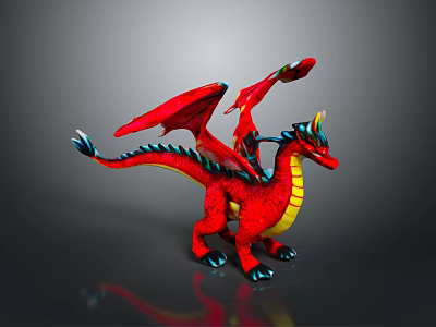Red Dragon Game Movie Character With Red Wings Blue Mane Yellow Belly And Black Claws 3d model