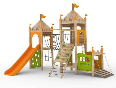 Wooden Castle Themed Playground Equipment With Orange Slide Climbing Net Green Elements and Flags 3d model