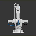 White ABB Industrial Robot Arm With Multiple Joints And Blue Base Details