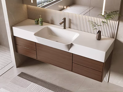 Modern Minimalist Bathroom Washbasin with White Countertop Wooden Cabinet Striped Backsplash and Mirror Light Strips 3d model