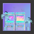 Cube Display Case Interior With Slot Machines Stools Trash Bins And Neon Bubbles