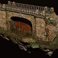 Stone Arch Entrance Gate With Wooden Grille And Balcony Rail On Moss Covered Rock Base