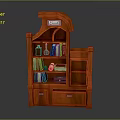 Orange Bookcase with Multiple Shelves Books Bottles and Top Sign Displaying Books