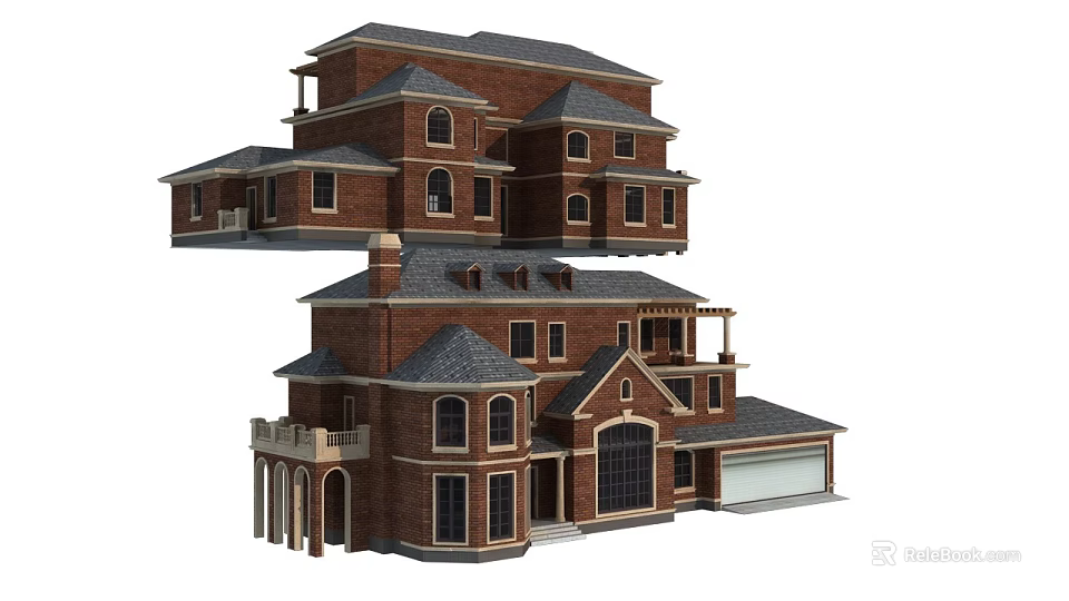 Classic Brick Detached House Design With Tile Roof Front Porch And Attached Garage 3d model 