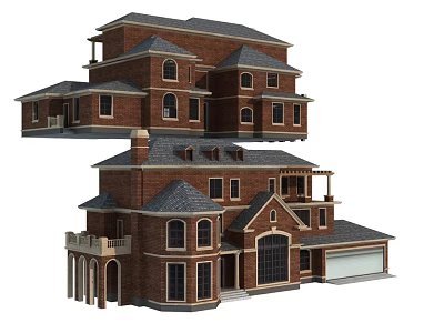 Classic Brick Detached House Design With Tile Roof Front Porch And Attached Garage 3d model
