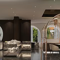 Elegant Modern Restaurant Interior With Arched Windows Striped Lighting And Bar Counter