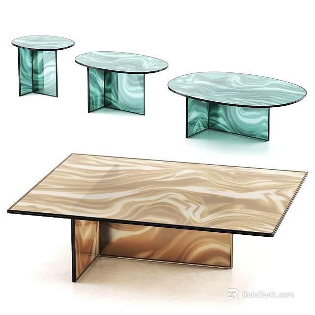 Stylish Coffee Tables With Round Rectangular Shapes And Green Brown Wavy Glossy Texture 3d model