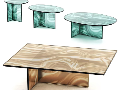 Stylish Coffee Tables With Round Rectangular Shapes And Green Brown Wavy Glossy Texture 3d model