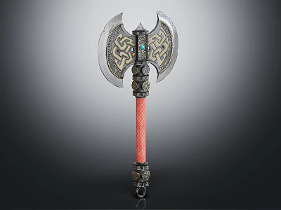 Double Edged Fantasy Axe With Decorative Metal Blades Red Braided Handle And Intricate Patterns 3d model