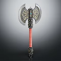 Double Edged Fantasy Axe With Decorative Metal Blades Red Braided Handle And Intricate Patterns