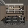 Modern Tea Room Interior With Wooden Shelves Tea Sets Table Chairs And Potted Plant