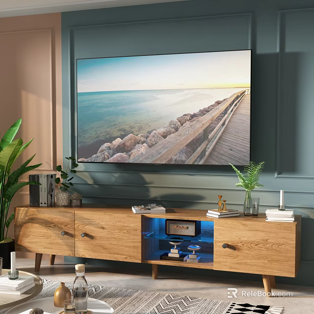 Modern Wooden TV Stand with Storage Books Potted Plants and Decorations and Blue Lighting Underneath 3d model 