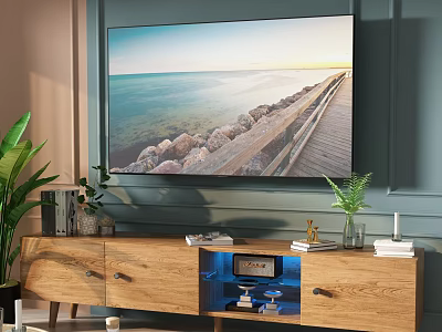 Modern Wooden TV Stand with Storage Books Potted Plants and Decorations and Blue Lighting Underneath 3d model