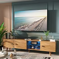Modern Wooden TV Stand with Storage Books Potted Plants and Decorations and Blue Lighting Underneath