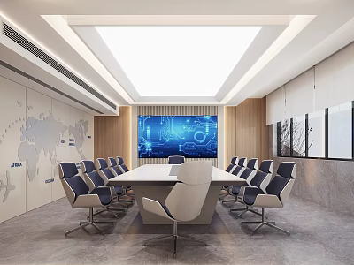 Modern Professional Conference Room Interior With Large Screen Data Charts And World Map Decor 3d model