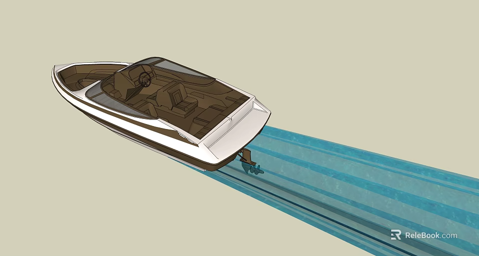 Modern Wooden Boat with Cockpit Seats Sailing Smoothly on Blue Water Creating Wake 3d model 