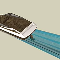 Modern Wooden Boat with Cockpit Seats Sailing Smoothly on Blue Water Creating Wake