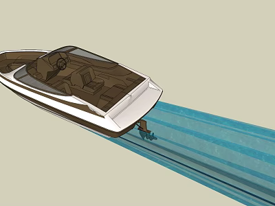 Modern Wooden Boat with Cockpit Seats Sailing Smoothly on Blue Water Creating Wake 3d model