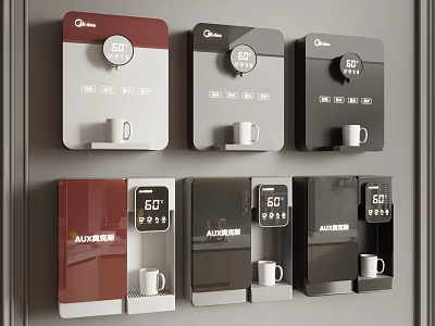 AQUA Brand Water Dispensers In Various Colors With 50℃ Display And White Cups 3d model
