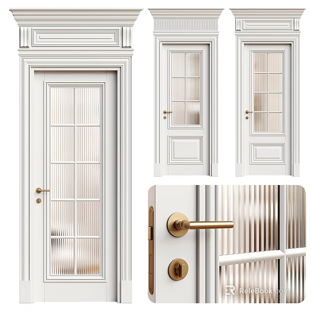 White Hinged Door Featuring Ribbed Glass Panels and Brass Handle in Modern Home Interior 3d model 