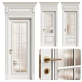 White Hinged Door Featuring Ribbed Glass Panels and Brass Handle in Modern Home Interior