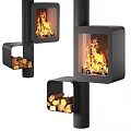 Modern Black Fireplace With Glass Door Burning Flames And Firewood Storage Shelf