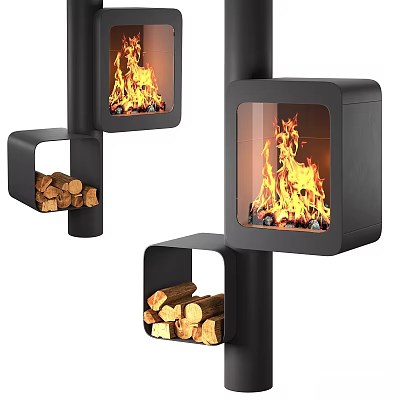 Modern Black Fireplace With Glass Door Burning Flames And Firewood Storage Shelf 3d model