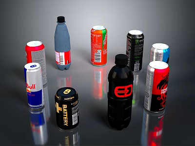Various Energy Drink Cans And Bottles From Popular Brands On 3d model