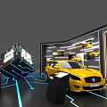 Modern Car Exhibition Booth Featuring White And Yellow Cars With Display Screens And Circuit Lines