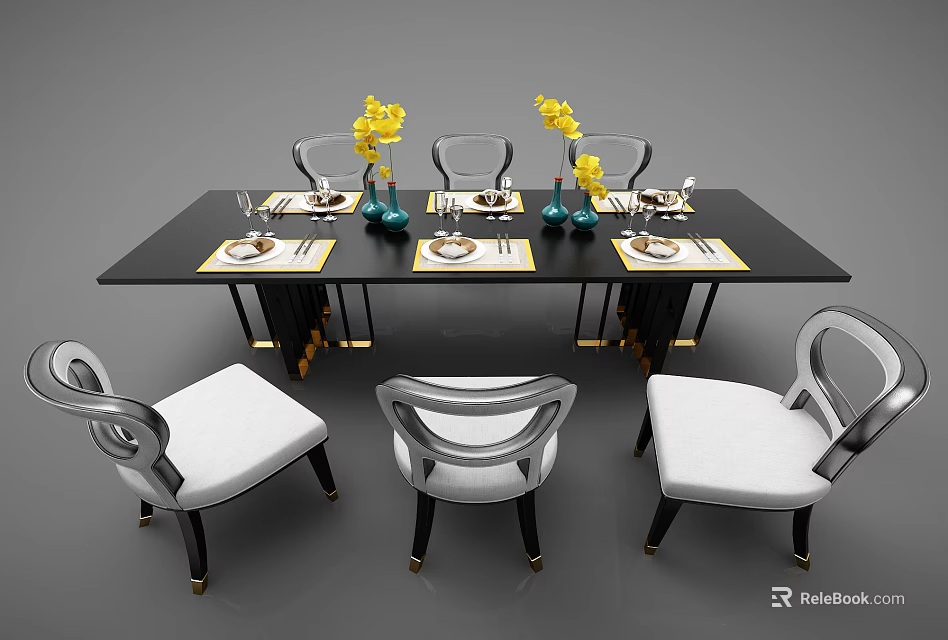 Elegant Black Dining Table Set With Yellow Flowers Tableware And White Cushioned Chairs 3d model 