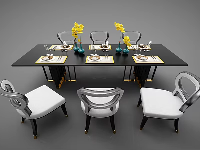 Elegant Black Dining Table Set With Yellow Flowers Tableware And White Cushioned Chairs 3d model