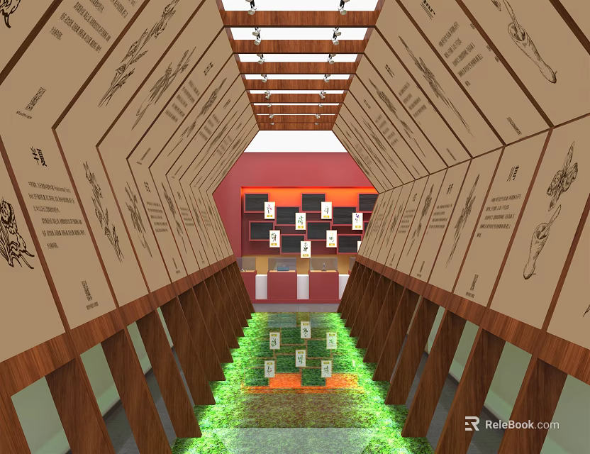 Elevator Aisle With Wooden Walls Decorative Patterns Ceiling Lights And Green Floor Decor 3d model 