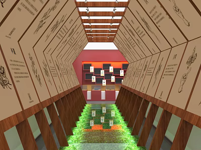 Elevator Aisle With Wooden Walls Decorative Patterns Ceiling Lights And Green Floor Decor 3d model