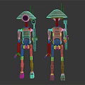 Two Robot Characters With Hat Like Heads Wooden Bodies Antennas And Weapons