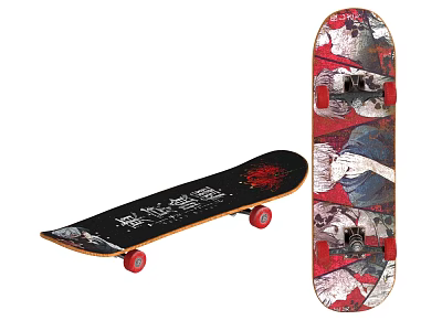 Durable Skateboard With Black And Colorful Graphics And Red Wheels For Sports 3d model