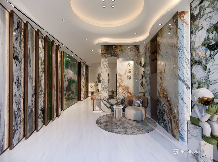 Modern Front Desk Reception Interior Design With Marble Walls And Lounge Chair Decorations 3d model 