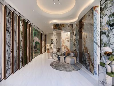 Modern Front Desk Reception Interior Design With Marble Walls And Lounge Chair Decorations 3d model